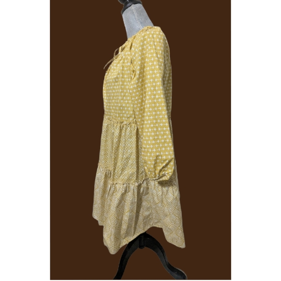 Loft Tiered Cotton Dress Sz M Mustard Yellow Multi Print Knee Puff Sleeve 🌼(4) - Picture 4 of 16